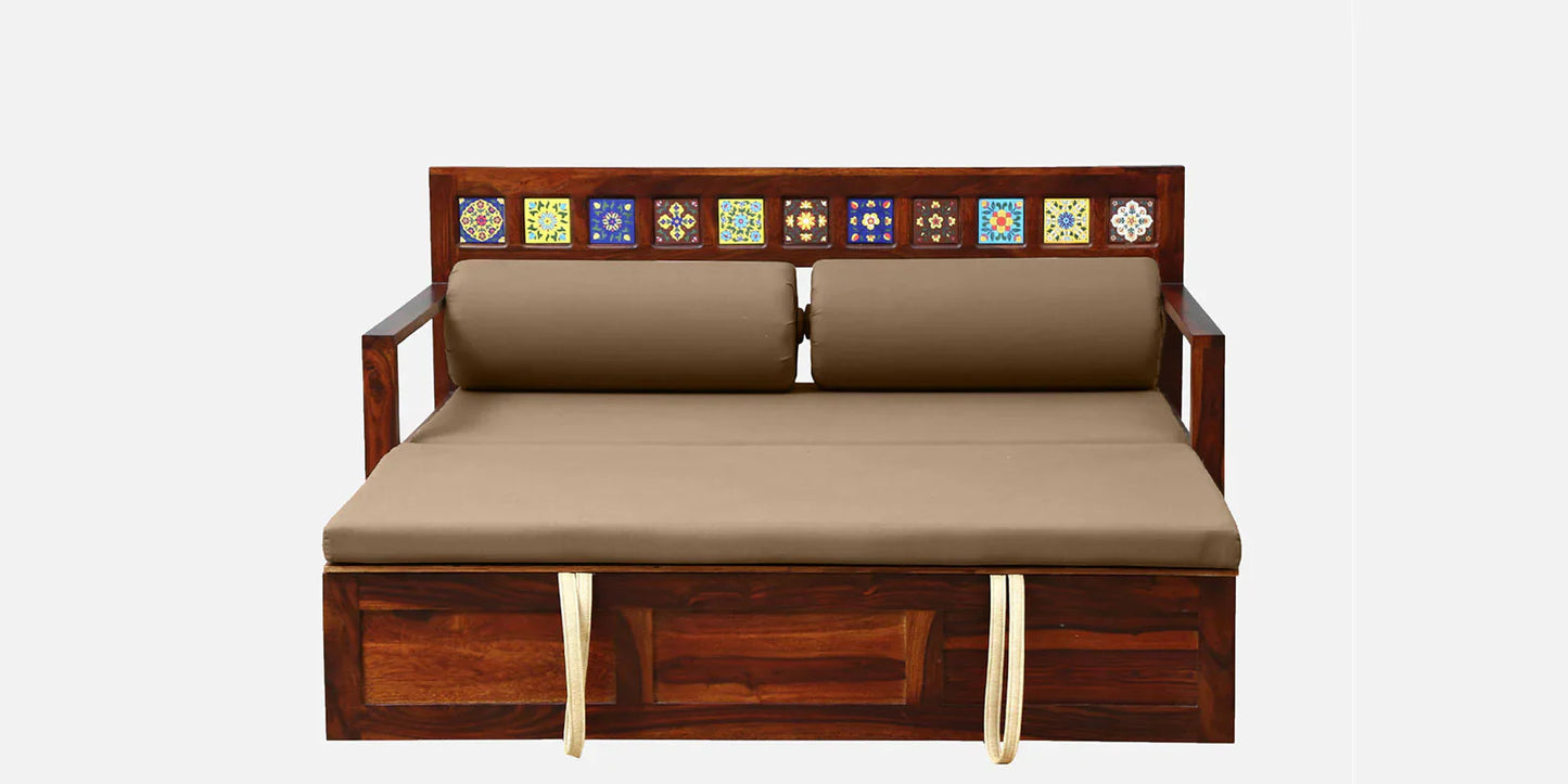 Sheesham Wood Pull Out Sofa Cum Bed In Honey Oak Finish