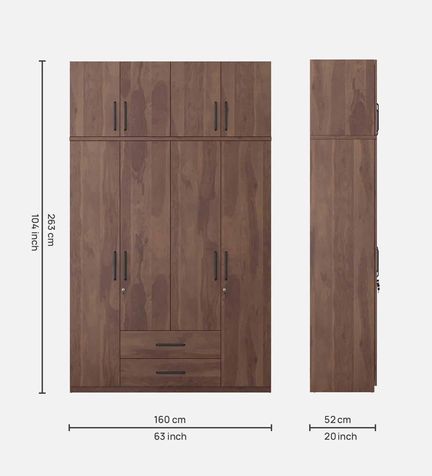 Solid Wood 4 Door Wardrobe With Loft In Sheesham Finish With Locker & Drawer